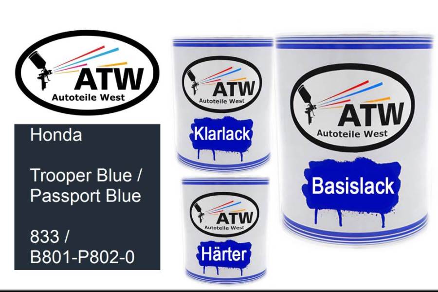 Honda, Trooper Blue / Passport Blue, 833 / B801-P802-0: 1L Lackdose + 1L Klarlack + 500ml Härter - Set, von ATW Autoteile West.